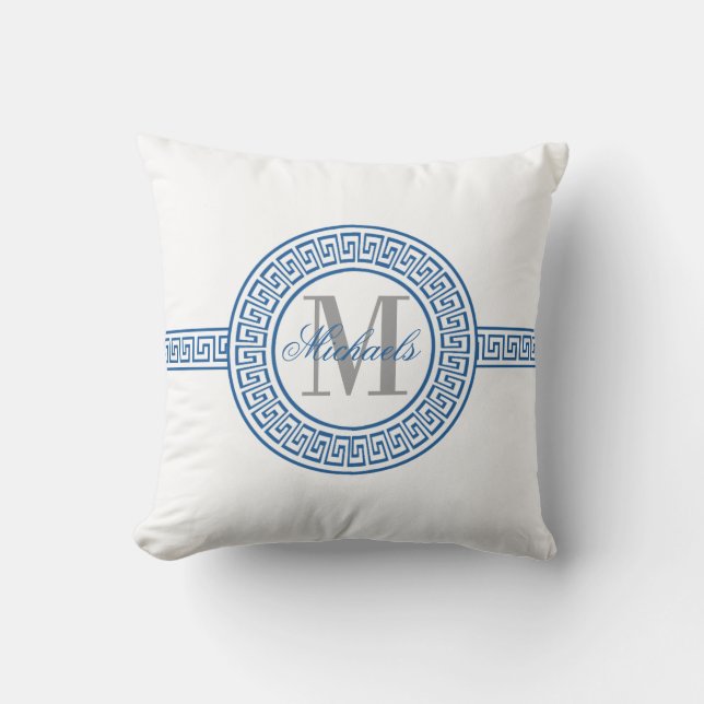 Elegant Blue Greece Key Monogram Pillow Kissen (Vorderseite)
