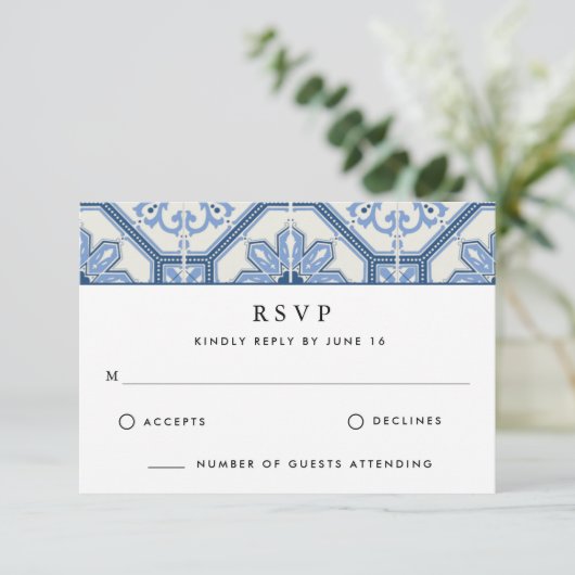 Elegant Blue Greece Tile Wedding Dankeskarte (Stehend Vorderseite)