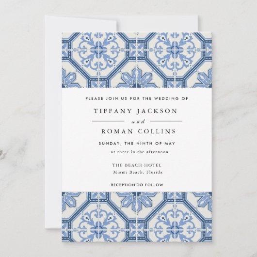Elegant Blue Greece Tile Wedding Einladung (Vorderseite)
