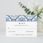 Elegant Blue Greece Tile Wedding RSVP Karte (Stehend Vorderseite)