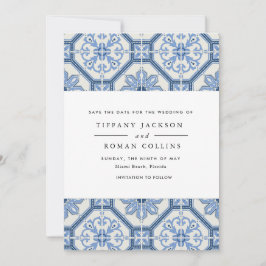 Elegant Blue Greece Tile Wedding Save The Date