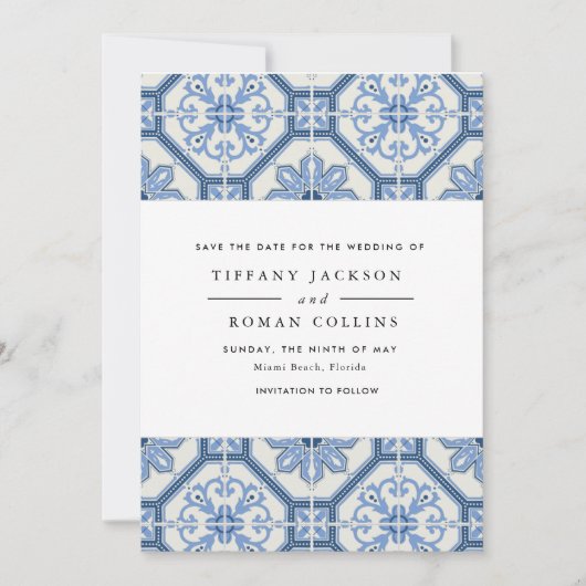 Elegant Blue Greece Tile Wedding Save The Date (Vorderseite)