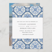 Elegant Blue Greece Tile Wedding Save The Date (Vorne/Hinten)