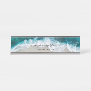 Elegant Blue Green Beach Script Surf Instructor Schreibtischnamensplakette