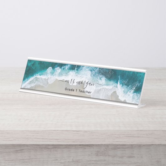 Elegant Blue Green Beach Script Teacher Schreibtischnamensplakette (Vorderseite )