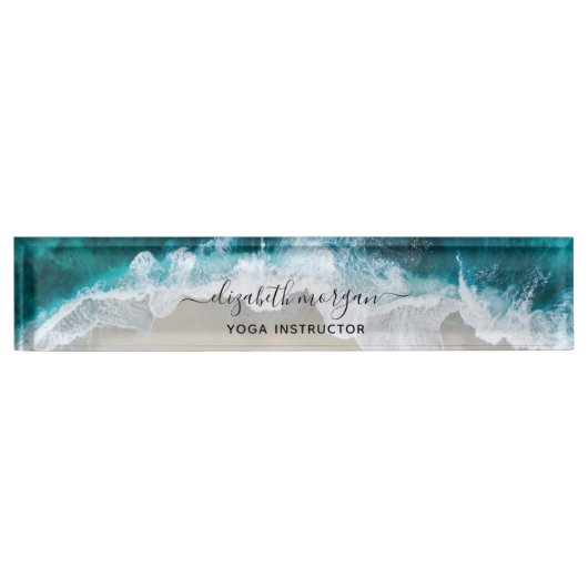 Elegant Blue Green Beach Script Yoga Instructor Namensplakette (Vorderseite)