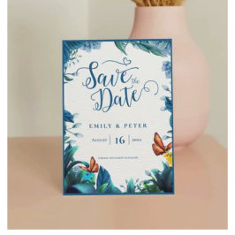 Elegant Blue Green Botanical Butterfly Wedding Save The Date