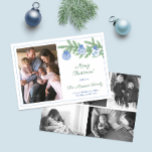 Elegant Blue Green Family Fotos Frohe Weihnachten<br><div class="desc">** Foto Credit: Fotografie © Storytree Studios,  Stanford,  CA ** / Klassische Weihnachtsfeiertage Fotokarte mit einem Tannenbaum Zweig mit blau-weiß-chinoiserie Muster Baubles dekoriert. Auf der Vorderseite gibt es Platz für ein Single-Foto und auf der Rückseite können Sie weitere 5 Fotos hinzufügen.</div>