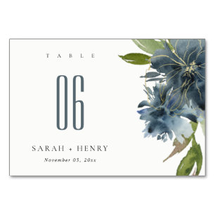 ELEGANT BLUE GREEN GOLD FLORAL WATERCOLOR WEDDING TISCHNUMMER