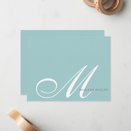 Elegant Blue Green Monogram Script Initial Mitteilungskarte (Vorderseite/Rückseite Beispiel)