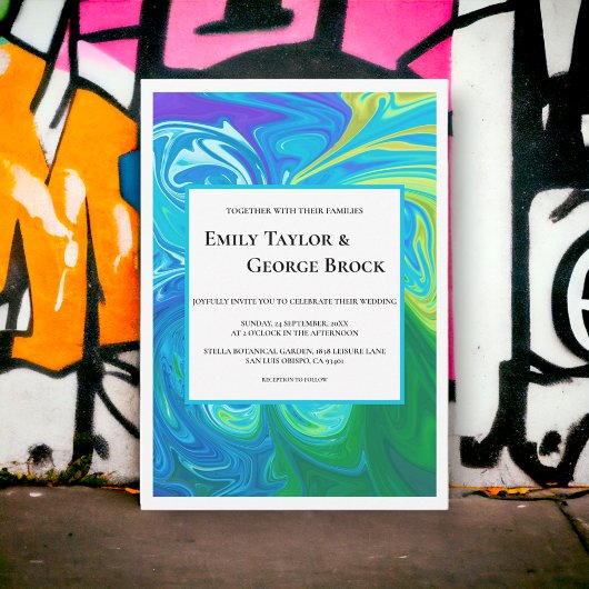 Elegant Blue Green Waves Abstrakt Art Wedding Einladung