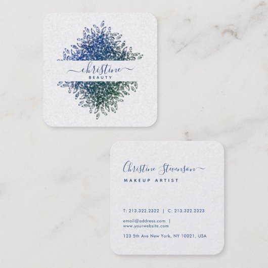 Elegant Blue Greenery Mandala Script Signature Quadratische Visitenkarte (Vorne/Hinten)