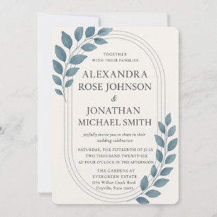 Elegant Blue Greenery & Silver Oval Hochzeit Einladung