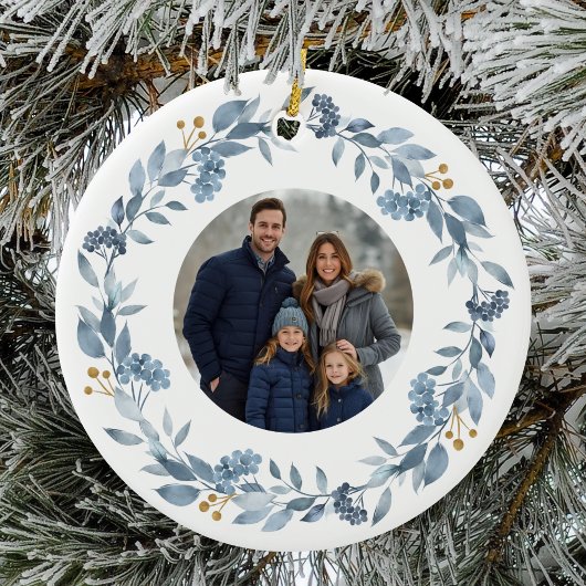 Elegant Blue Greenery Wreath Keramik Ornament