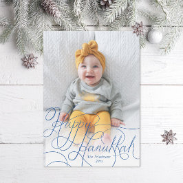 Elegant Blue Hand Lettered Happy Hanukkah Foto Feiertagskarte