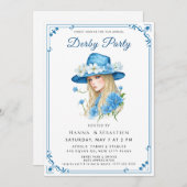 Elegant Blue Hat Garden Party Invitation Einladung (Vorne/Hinten)
