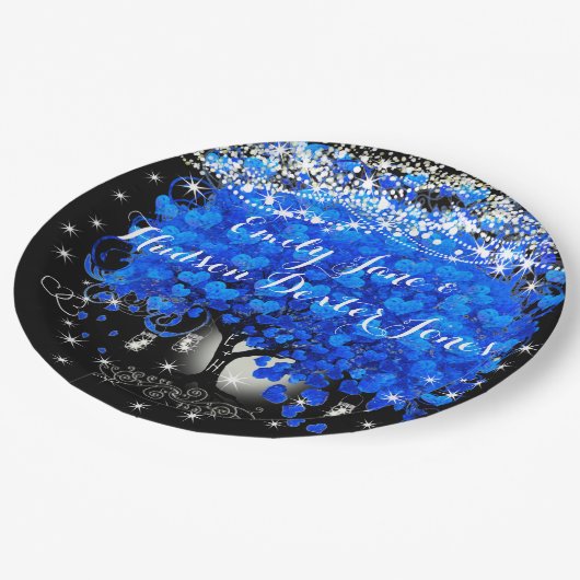 Elegant Blue Heart Leaf Tree Wedding Pappteller (Schrägansicht)