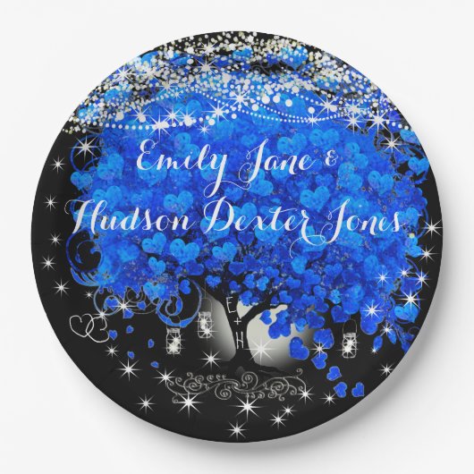 Elegant Blue Heart Leaf Tree Wedding Pappteller (Vorderseite)