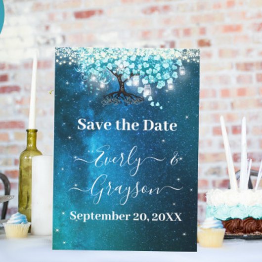 Elegant Blue Heart Leaf Tree Wedding SPAREN SIE DA Einladung