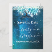 Elegant Blue Heart Leaf Tree Wedding SPAREN SIE DA Einladung (Vorderseite)