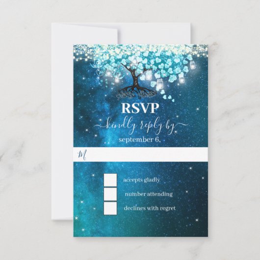 Elegant Blue Heart Leaf Tree Wedding SPAREN SIE DA Einladung (Vorderseite)