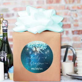 Elegant Blue Heart Leaf Tree Wedding SPAREN SIE DA Runder Aufkleber