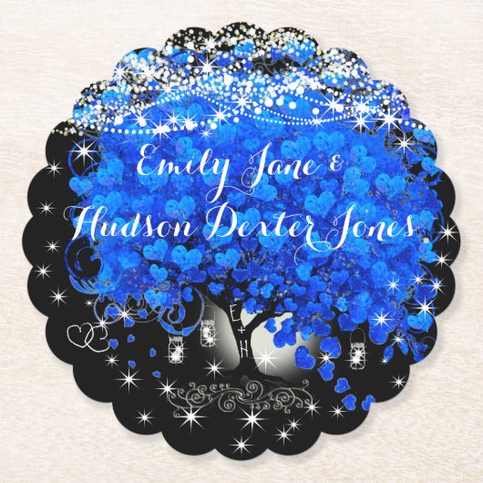 Elegant Blue Heart Leaf Tree Wedding Untersetzer (Vorderseite)