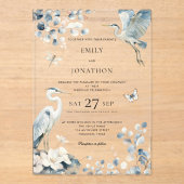 Elegant Blue Heron Foliage Florals Wedding Acryleinladungen (Vorderseite)