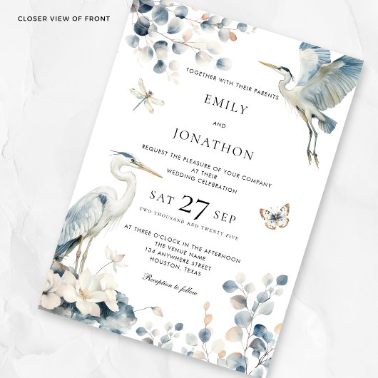 Elegant Blue Heron Foliage Wedding Einladung