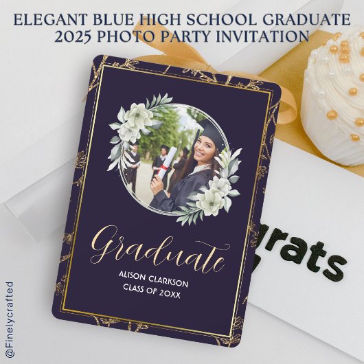 Elegant Blue High School Graduate 2025 Foto Party Einladung