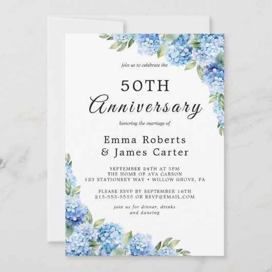 Elegant Blue Hydrangea 50. Hochzeitstag Einladung (Vorderseite)