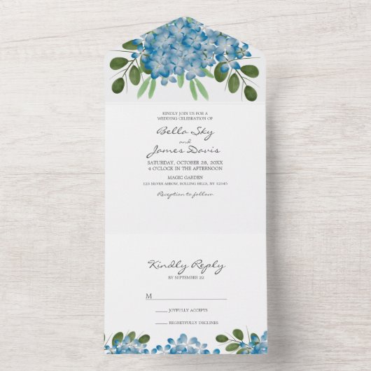 Elegant Blue Hydrangea All in One Wedite Einladung (Innen Boden)