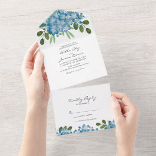 Elegant Blue Hydrangea All in One Wedite Einladung