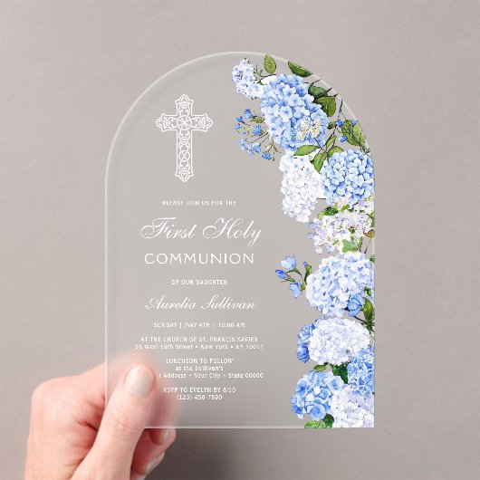Elegant Blue Hydrangea Arch First Communion Acryleinladungen (Insitu (Handheld))