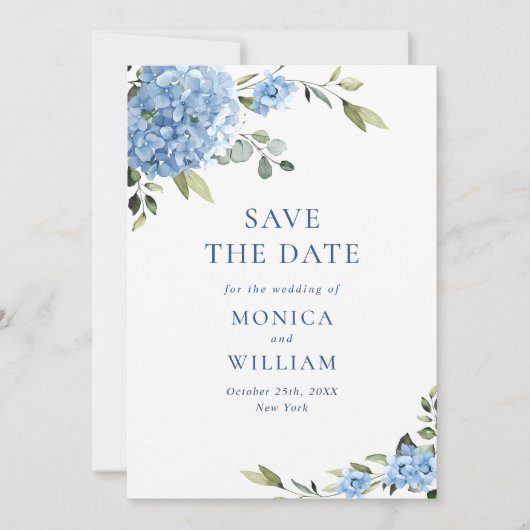 Elegant Blue Hydrangea Blume Frühaufstehung Save The Date (Vorderseite)