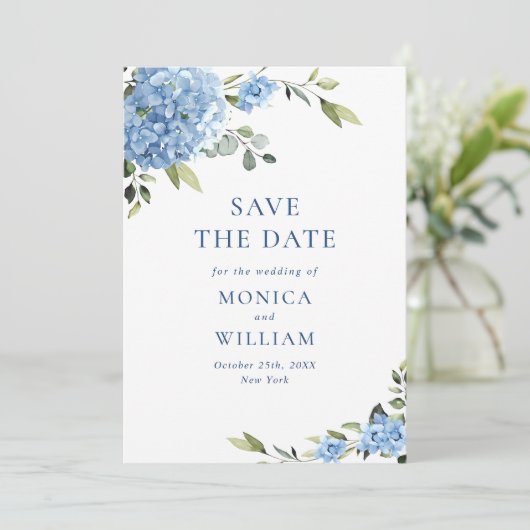 Elegant Blue Hydrangea Blume Frühaufstehung Save The Date (Stehend Vorderseite)