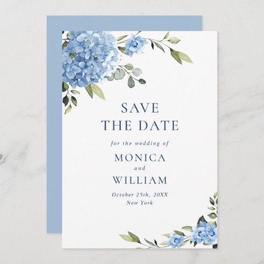 Elegant Blue Hydrangea Blume Frühaufstehung Save The Date (Vorne/Hinten)