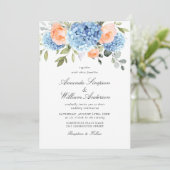 Elegant Blue Hydrangea Blush Pink Roses Wedding Einladung (Stehend Vorderseite)