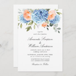 Elegant Blue Hydrangea Blush Pink Roses Wedding Einladung