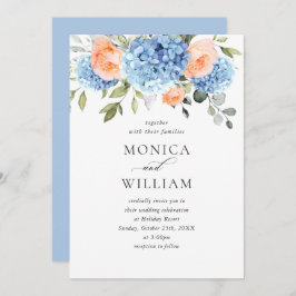 Elegant Blue Hydrangea Blush Pink Roses Wedding Einladung