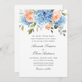 Elegant Blue Hydrangea Blush Pink Roses Wedding Einladung