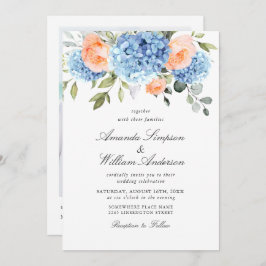 Elegant Blue Hydrangea Blush Pink Roses Wedding Einladung