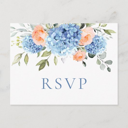 Elegant Blue Hydrangea Blush Rose Hochzeit RSVP Postkarte (Vorderseite)