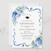 Elegant Blue Hydrangea Bow Foto Graduation Party Einladung (Vorderseite)