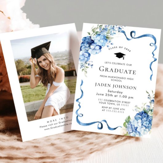 Elegant Blue Hydrangea Bow Foto Graduation Party Einladung