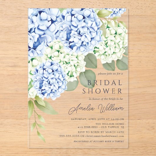 Elegant Blue Hydrangea Bridal Dusche Einladung (Vorderseite)