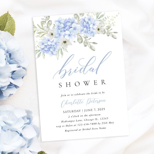 Elegant Blue Hydrangea Bridal Dusche Einladung