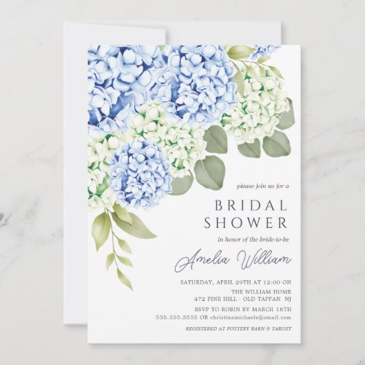 Elegant Blue Hydrangea Bridal Dusche Einladung (Vorderseite)