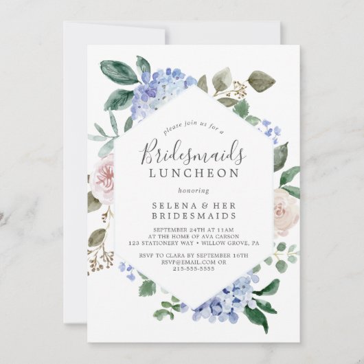Elegant Blue Hydrangea Bridesmaids Luncheon Einladung (Vorderseite)