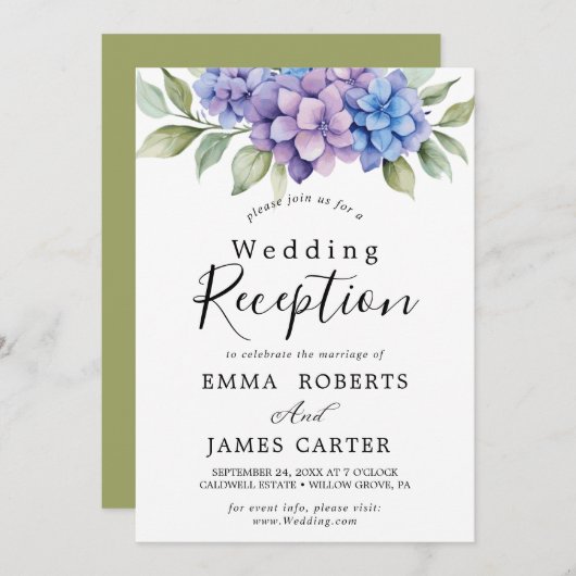 Elegant Blue Hydrangea | Empfang von White Wedding Einladung (Vorne/Hinten)